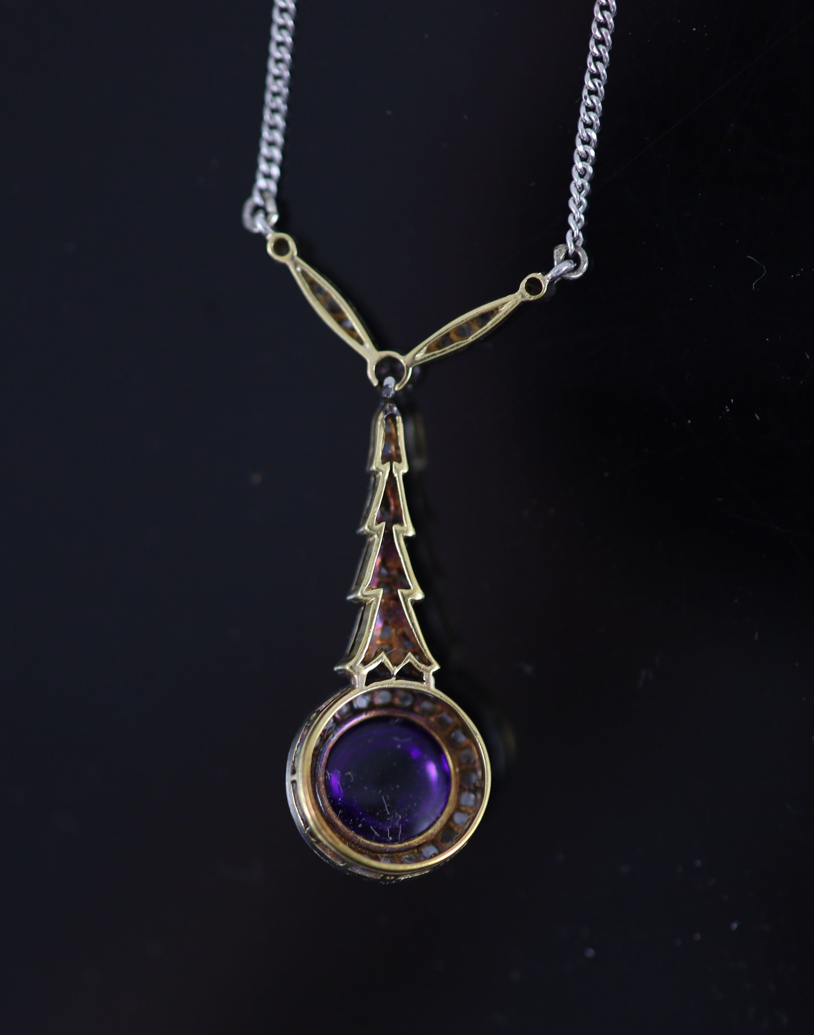 An 18ct gold, cabochon amethyst and rose cut diamond set drop pendant necklace